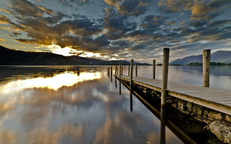 Wooden Dock at Sunset — Blue, Serene, Photograph, Lake, Mountains, Clouds