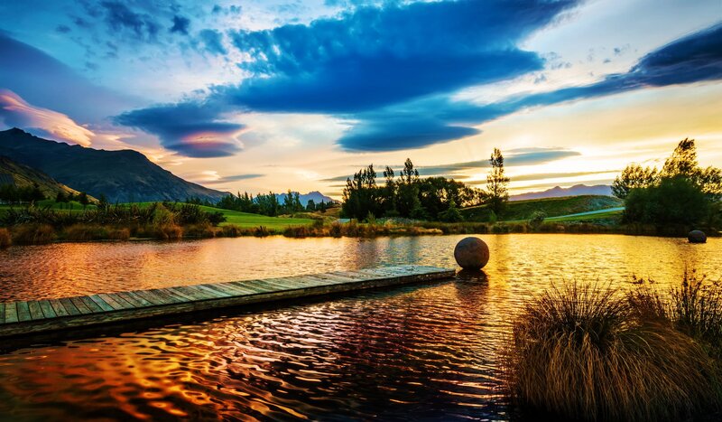 Wooden Dock at Sunset — Blue, Serene, Photograph, Lake, Mountains