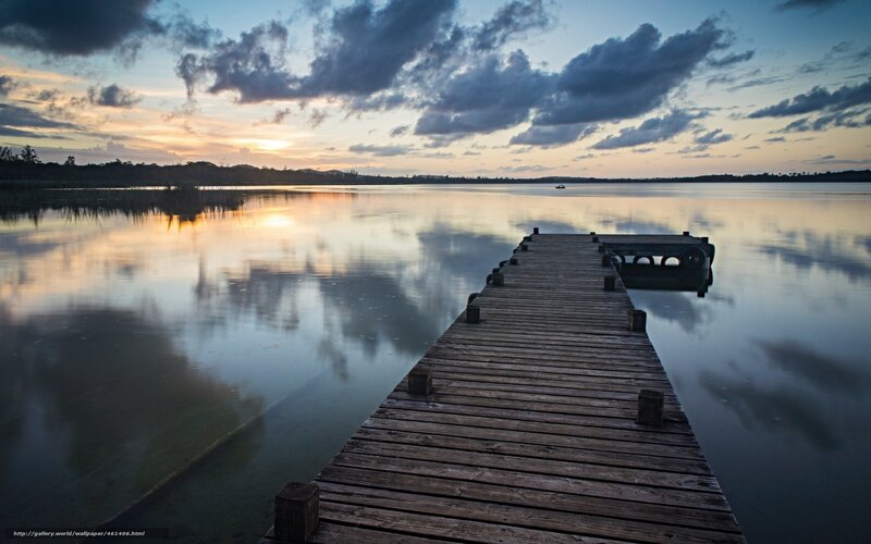 Wooden Dock at Sunset — Blue, Serene, Photograph, Lake, Sky, Clouds