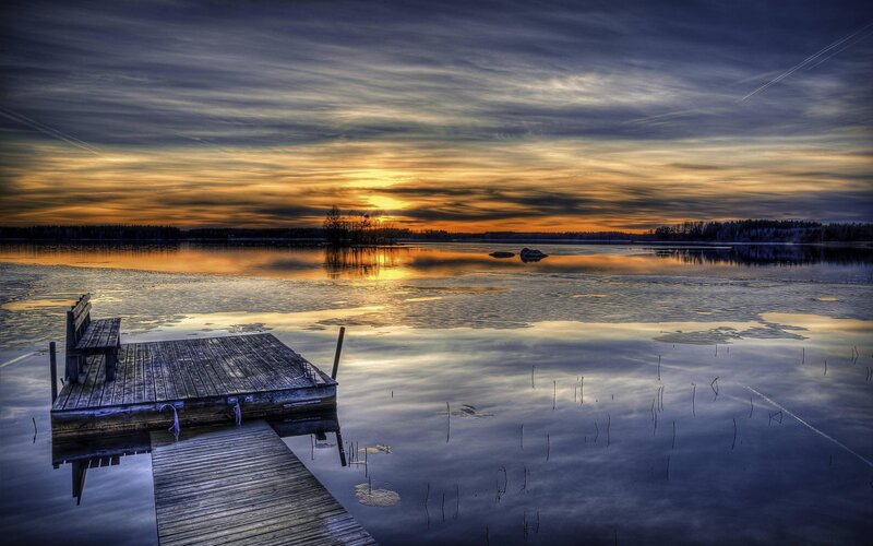 Wooden Dock at Sunset — Blue, Serene, Photograph, Lake, Sky