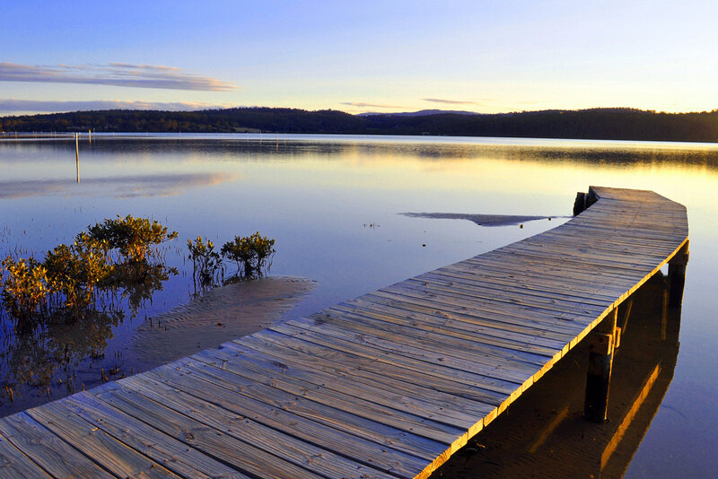 Wooden Dock at Sunset — Blue, Serene, Photograph, Lake