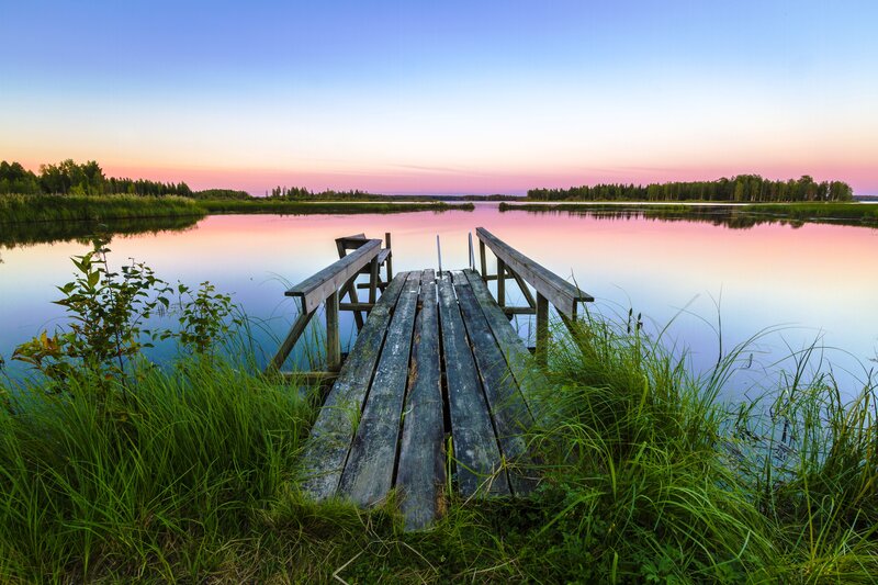 Wooden Dock at Sunset — Blue, Serene, Photograph, Lake, Trees, Grass
