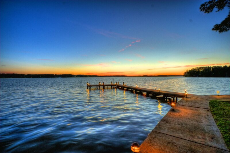 Wooden Dock at Sunset — Blue, Serene, Photograph, Lake, Trees, Lights