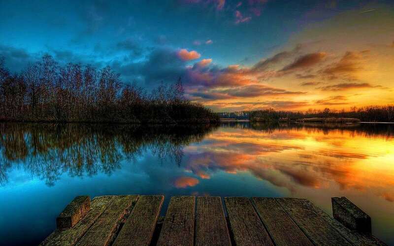 Wooden Dock at Sunset — Blue, Serene, Photograph, Lake, Trees, Sky