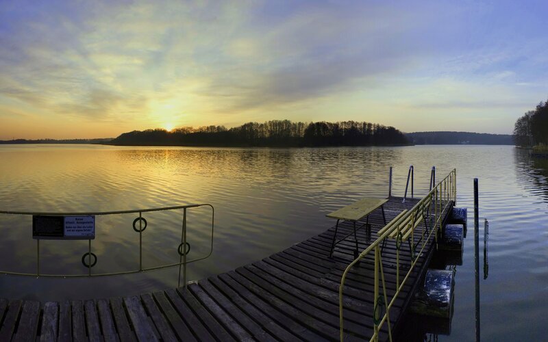 Wooden Dock at Sunset — Blue, Serene, Photograph, Lake, Trees, Sun