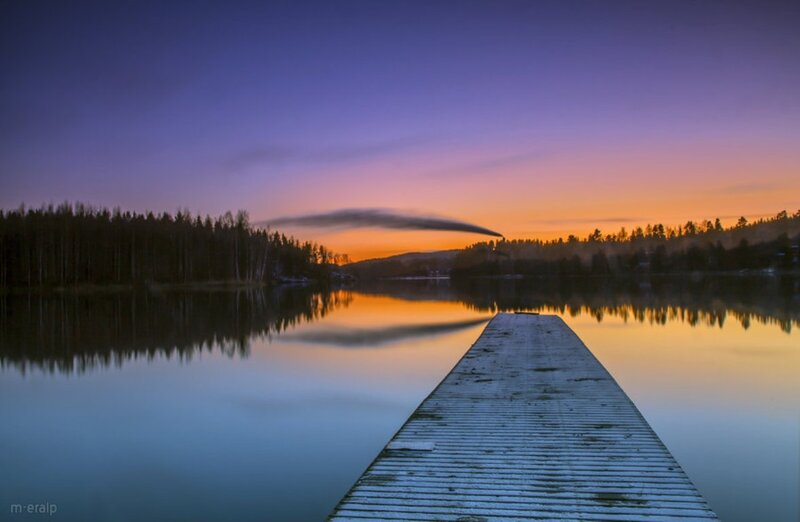 Wooden Dock at Sunset — Blue, Serene, Photograph, Lake, Trees