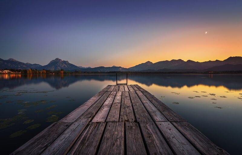 Wooden Dock at Sunset — Blue, Serene, Photograph, Mountains, Lake