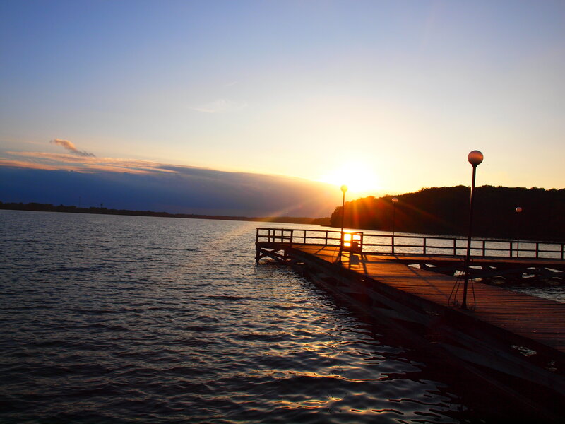 Wooden Dock at Sunset — Blue, Serene, Photograph, Sun, Water
