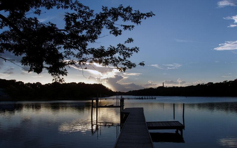 Wooden Dock at Sunset — Blue, Serene, Photograph, Tree Branches
