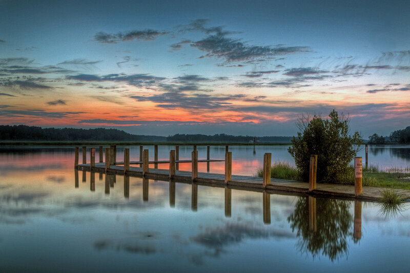 Wooden Dock at Sunset — Blue, Serene, Photograph, Tree