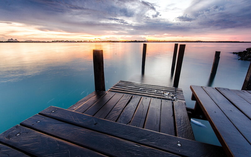 Wooden Dock at Sunset — Blue, Serene, Photograph, Water, Sky