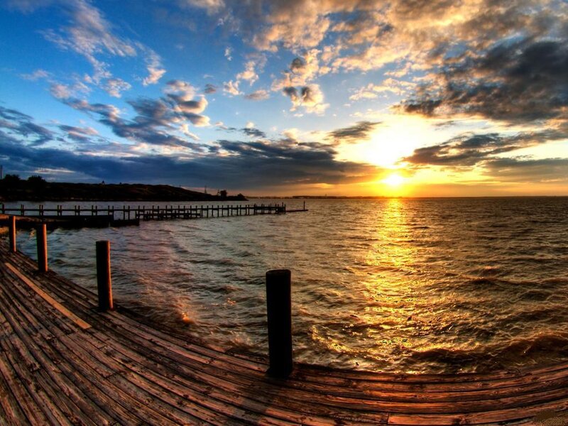 Wooden Dock at Sunset — Blue, Serene, Photograph, Water