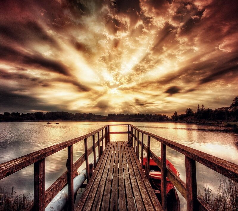 Wooden Dock at Sunset — Brown, Dramatic, Photograph, Lake