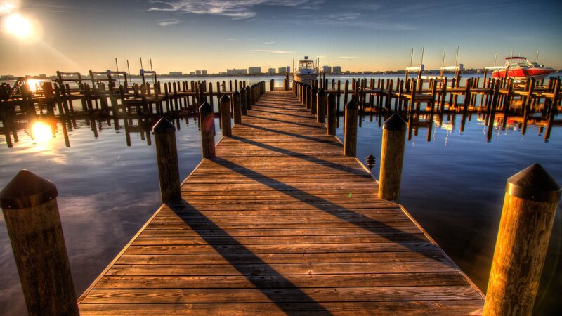 Wooden Dock at Sunset — Brown, Serene, Photograph, Boats