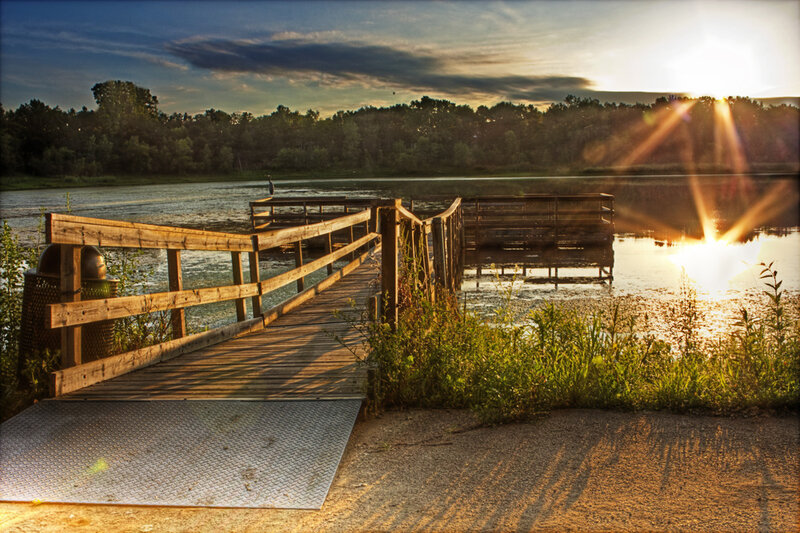 Wooden Dock at Sunset — Brown, Serene, Photograph