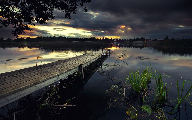 Wooden Dock at Sunset — Dark Blue, Dramatic, Photograph, Lake, Sky, Plants