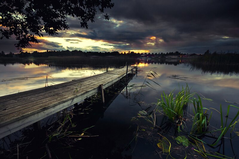 Wooden Dock at Sunset — Dark Blue, Dramatic, Photograph, Lake, Trees