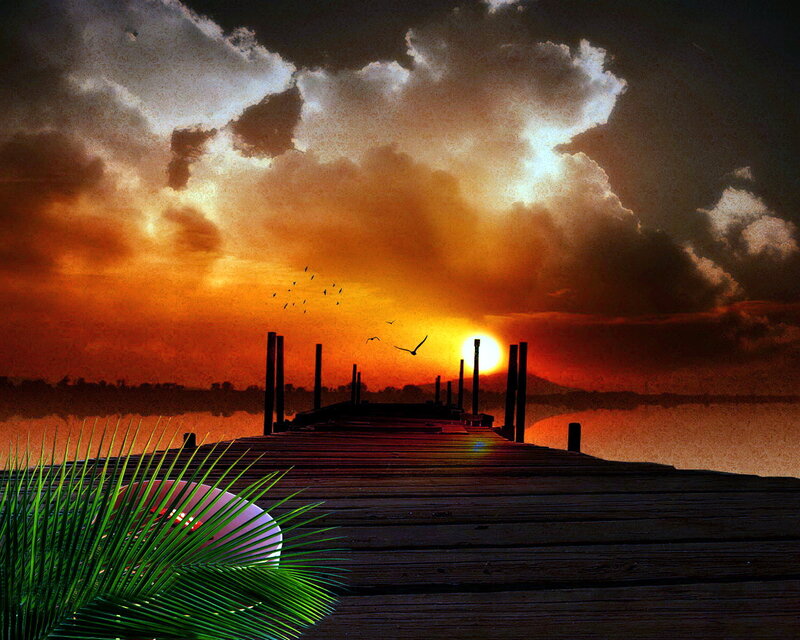Wooden Dock at Sunset — Orange, Dramatic, Digital Art
