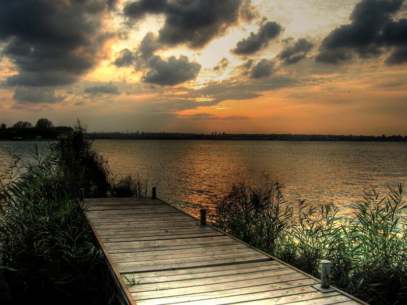 Wooden Dock at Sunset — Orange, Dramatic, Photograph, Lake, Clouds