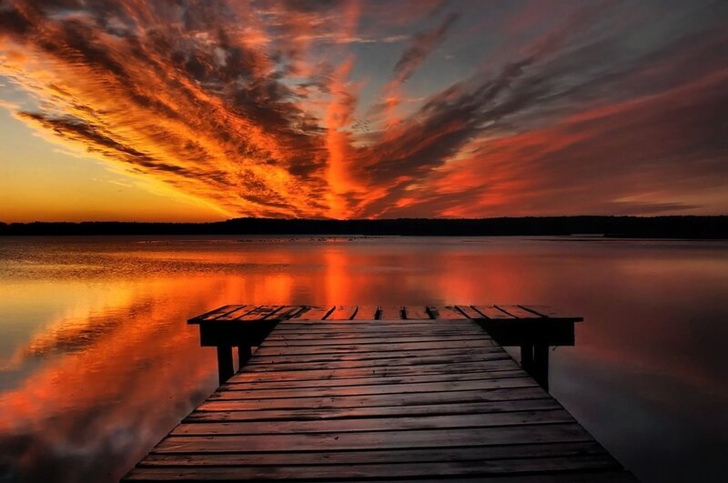 Wooden Dock at Sunset — Orange, Dramatic, Photograph, Lake, Sky
