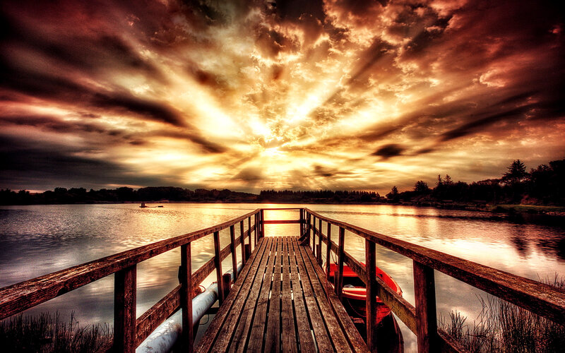 Wooden Dock at Sunset — Orange, Dramatic, Photograph, Lake