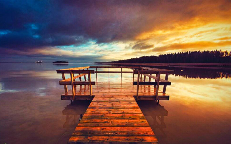 Wooden Dock at Sunset — Orange, Dramatic, Photograph, Lake, Trees, Sky