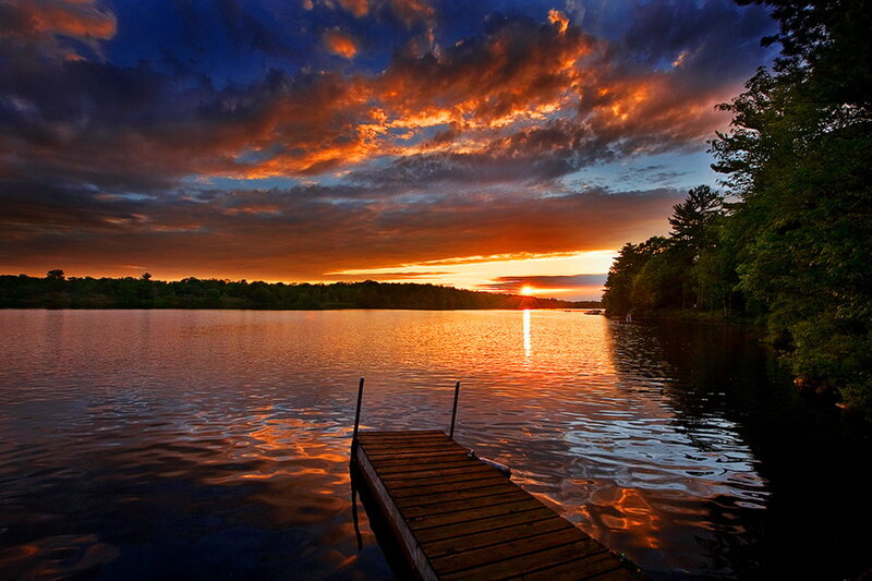 Wooden Dock at Sunset — Orange, Dramatic, Photograph, Lake, Trees