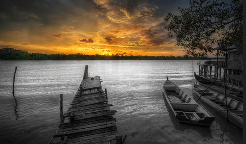 Wooden Dock at Sunset — Orange, Dramatic, Photograph, River