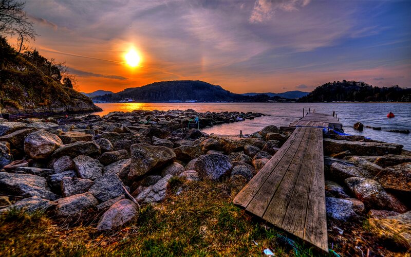 Wooden Dock at Sunset — Orange, Dramatic, Photograph, Rocks