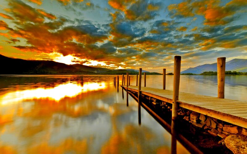 Wooden Dock at Sunset — Orange, Dramatic, Photograph