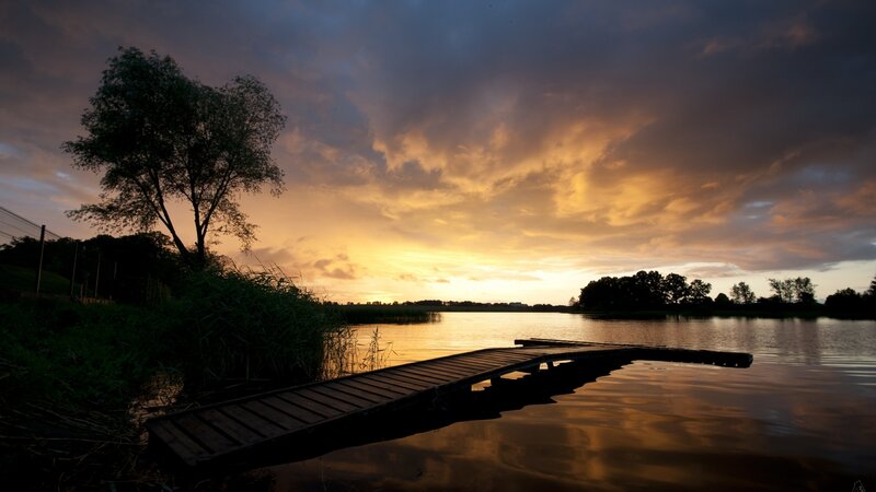 Wooden Dock at Sunset — Orange, Dramatic, Photograph, Tree