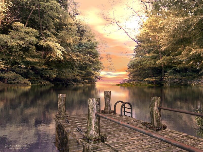Wooden Dock at Sunset — Orange, Serene, Digital Art, River, Trees