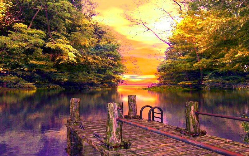 Wooden Dock at Sunset — Orange, Serene, Digital Art