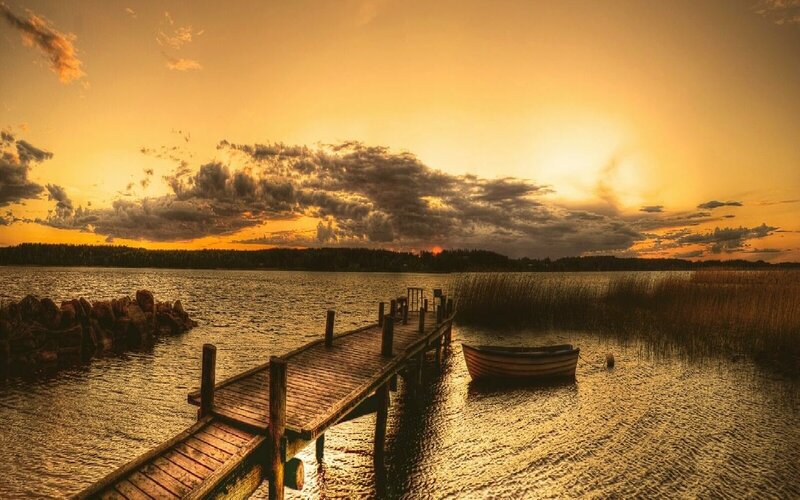 Wooden Dock at Sunset — Orange, Serene, Photograph, Boat, Reeds