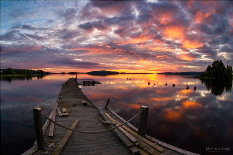 Wooden Dock at Sunset — Orange, Serene, Photograph, Lake, Clouds