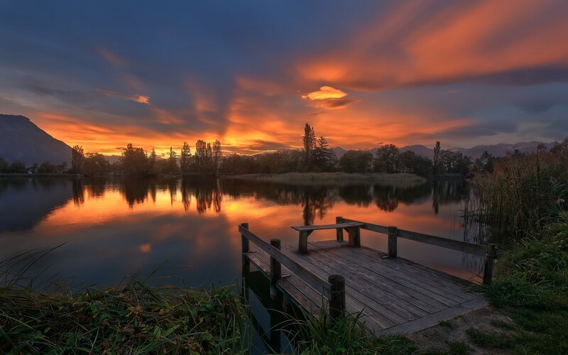 Wooden Dock at Sunset — Orange, Serene, Photograph, Lake, Mountains