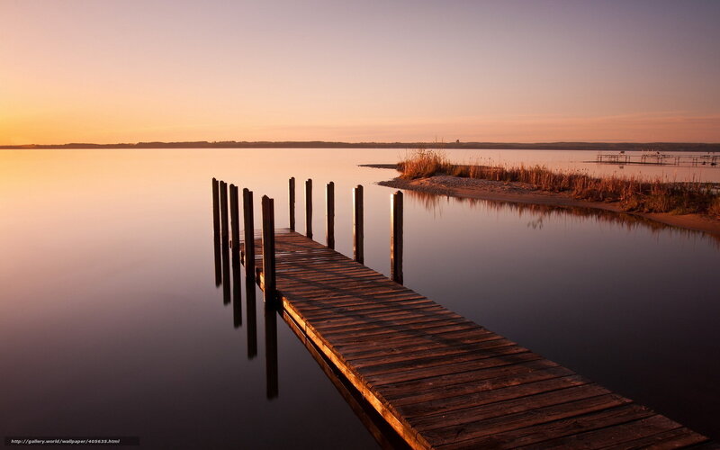 Wooden Dock at Sunset — Orange, Serene, Photograph, Lake, Sky