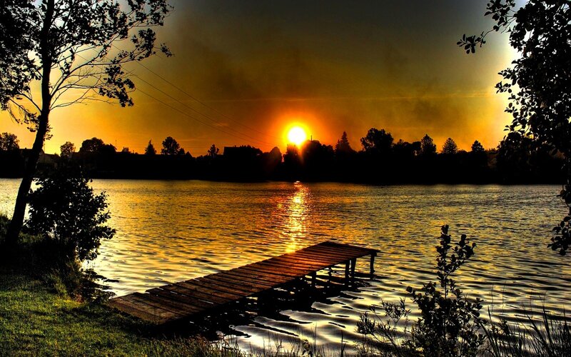 Wooden Dock at Sunset — Orange, Serene, Photograph, Lake