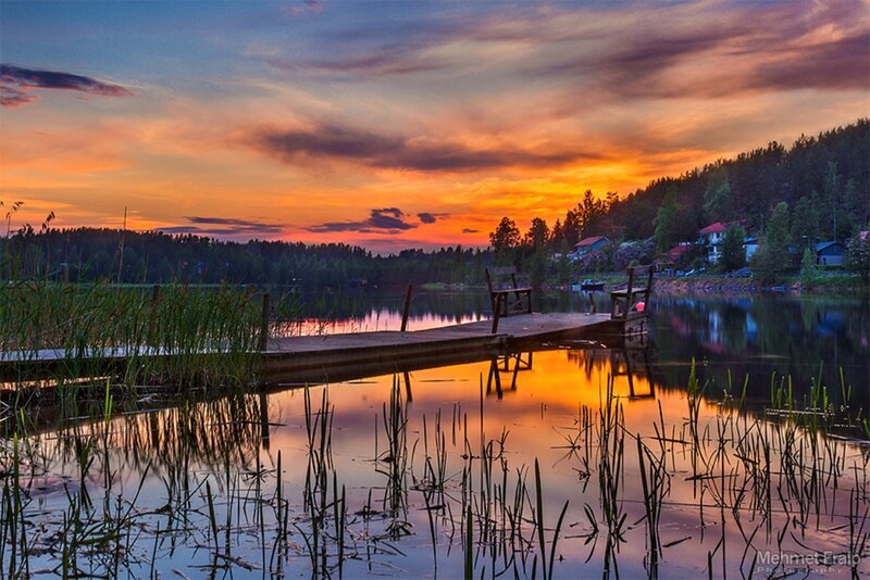 Wooden Dock at Sunset — Orange, Serene, Photograph, Lake, Trees