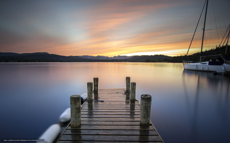 Wooden Dock at Sunset — Orange, Serene, Photograph, Sailboat
