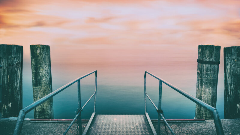 Wooden Dock at Sunset — Orange, Serene, Photograph, Stairs