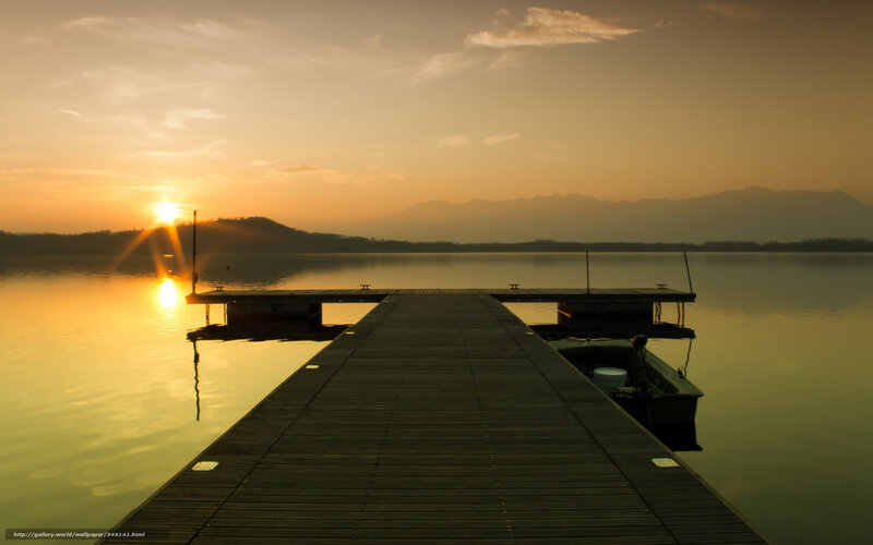Wooden Dock at Sunset — Orange, Serene, Photograph, Sun, Mountains