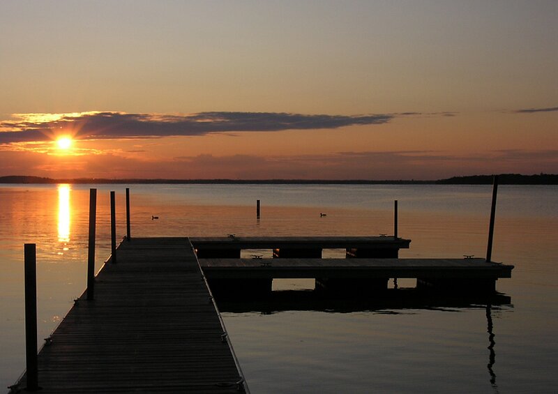Wooden Dock at Sunset — Orange, Serene, Photograph, Sun, Water