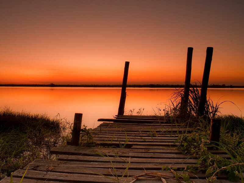 Wooden Dock at Sunset — Orange, Serene, Photograph, Water
