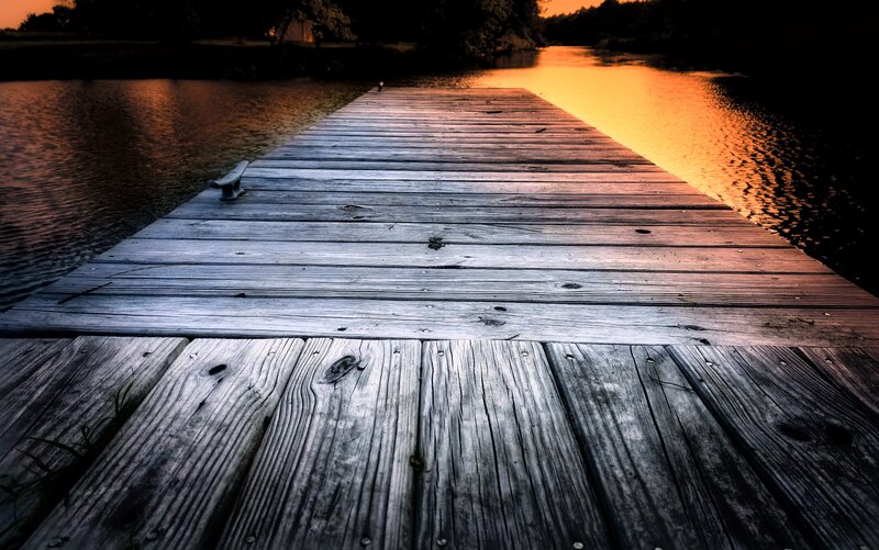 Wooden Dock at Sunset — Orange, Serene, Photograph, Water, Trees