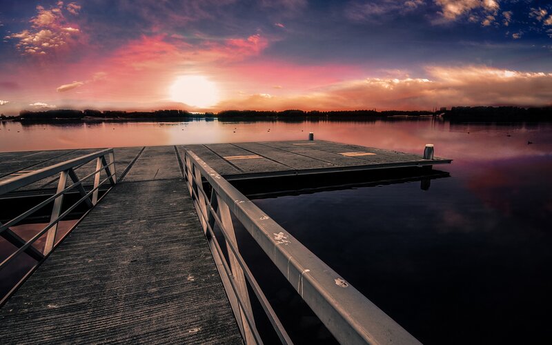 Wooden Dock at Sunset — Pink, Dramatic