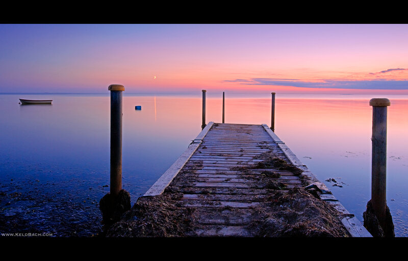Wooden Dock at Sunset — Purple, Serene, Photograph, Boat