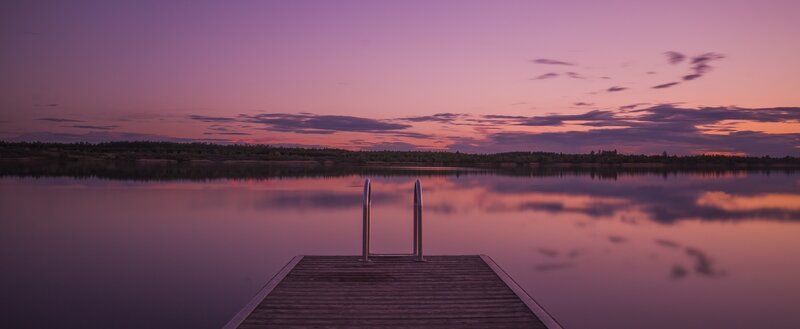 Wooden Dock at Sunset — Purple, Serene, Photograph, Ladder