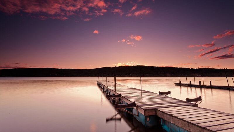 Wooden Dock at Sunset — Purple, Serene, Photograph, Lake