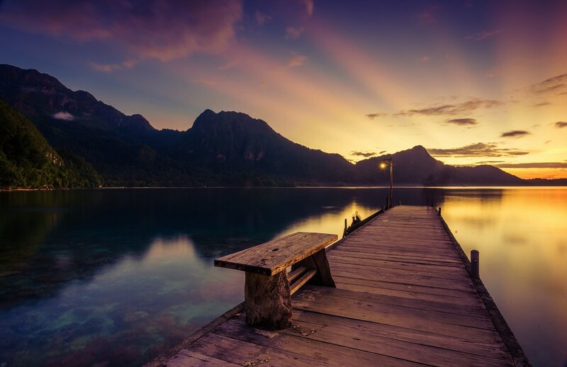 Wooden Dock at Sunset — Purple, Serene, Photograph, Mountains